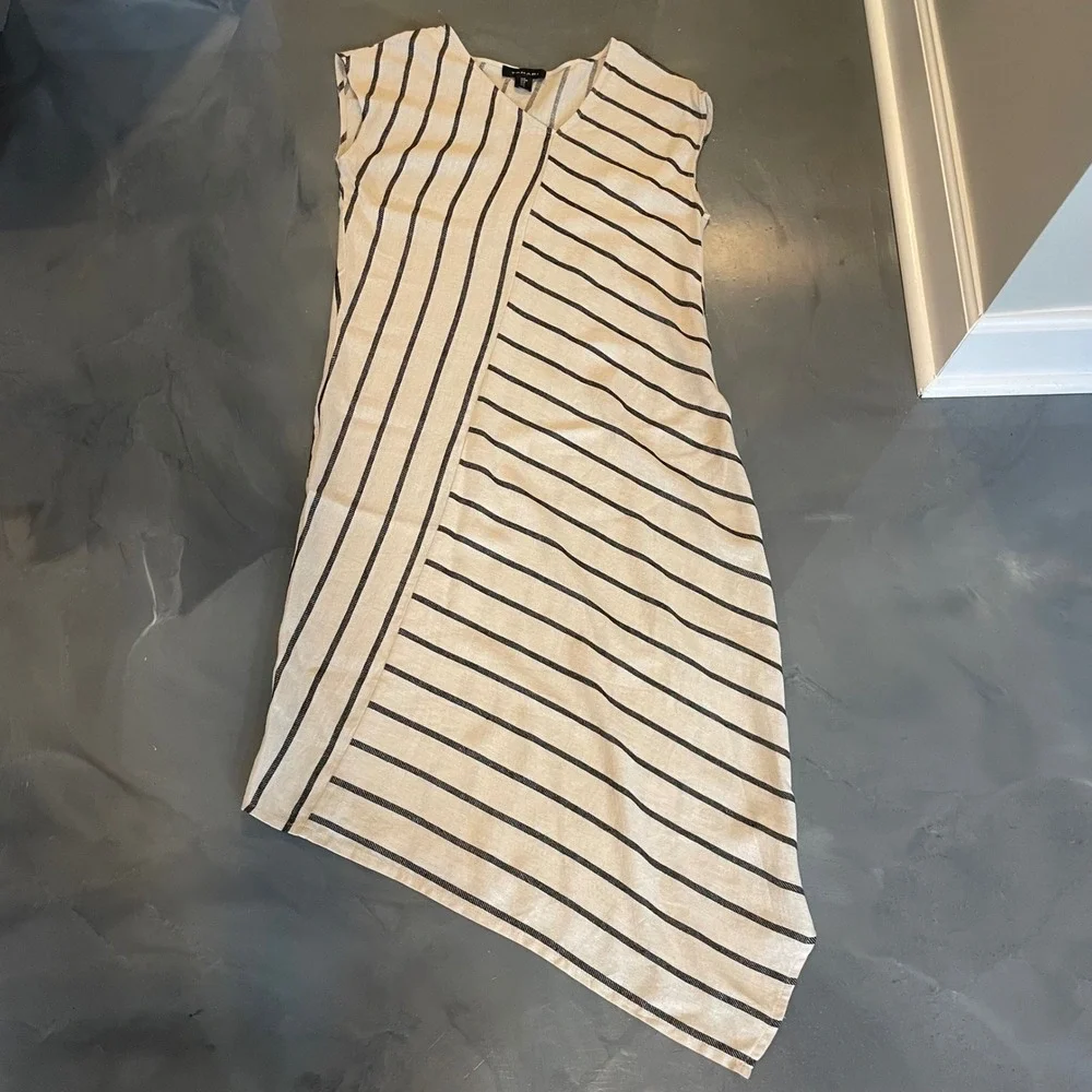 Tahari‎ Asymmetrical Stripe Midi Dress Women's Medium Linen Blend V Neck - Picture 2 of 7